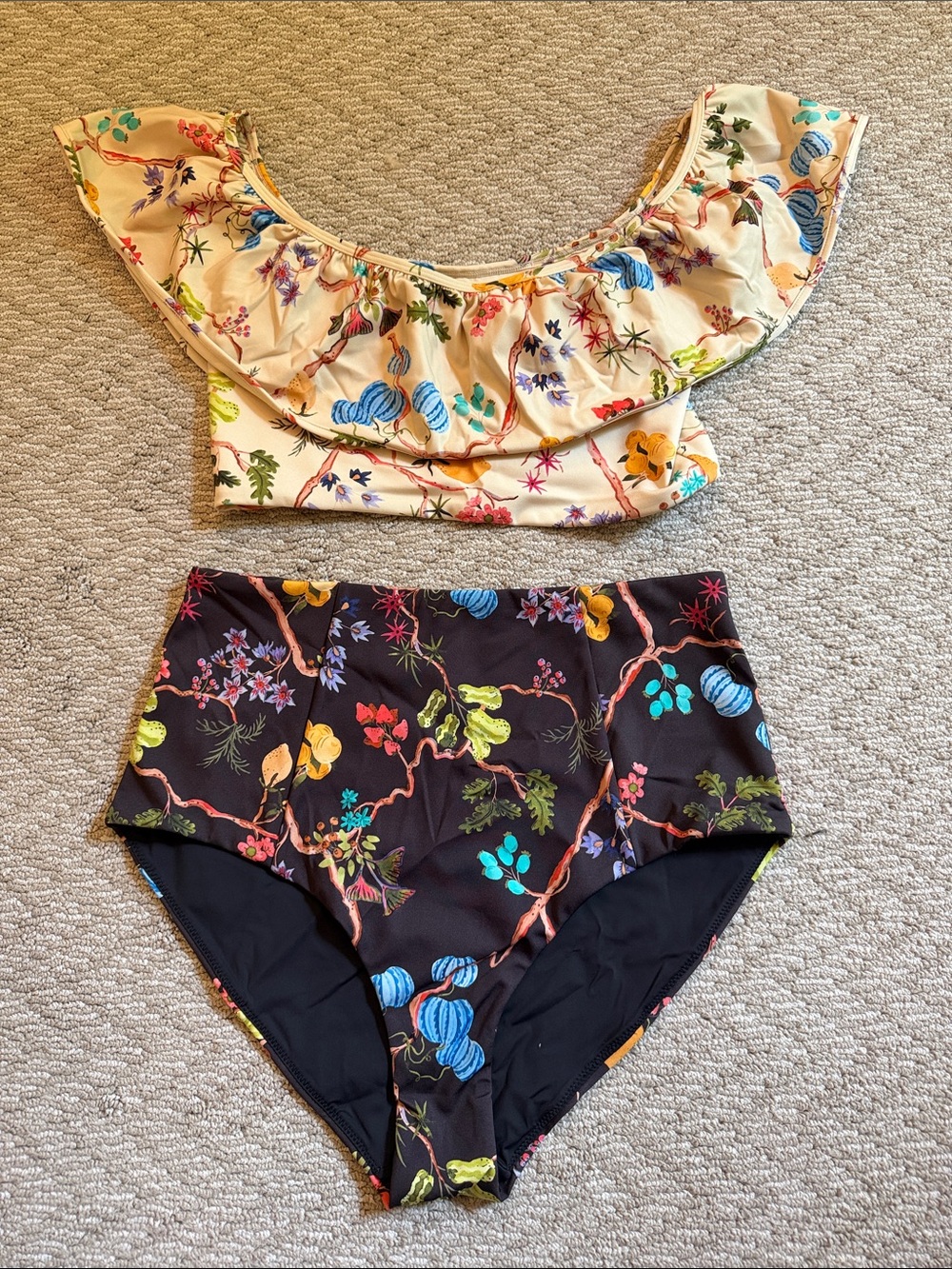 Marie Oliver Floral Ruffle Bikini Top and High-Waist Bottoms - Cream & Black